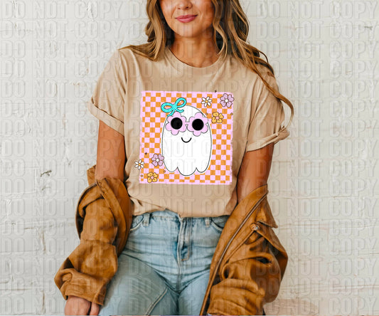 Girlie Retro Ghost Youth Tee | Cute Halloween Shirt for Girls | Pink Ghost Tee | Trendy Spooky Season Outfit | Kids Halloween Graphic Tee