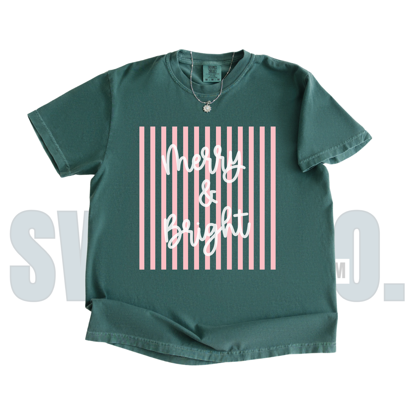 Comfort Colors Merry & Bright Striped T-Shirt | Cute Modern Christmas Tee | Colorful Holiday Graphic Shirt