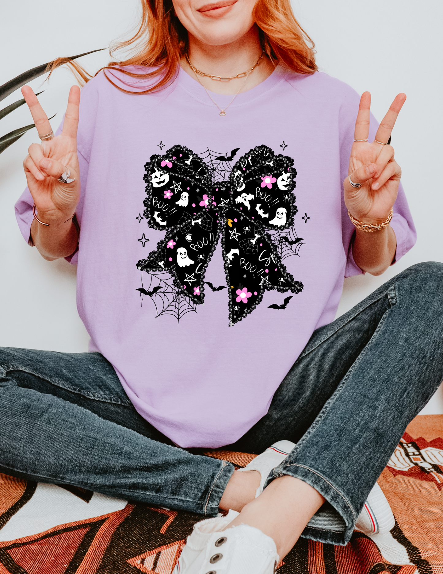 Halloween Bow T-Shirt | Lacey Black Bow Graphic Tee | Preppy Girly Halloween Shirt | Cute Ghost Bow Aesthetic | Fall Graphic Tee