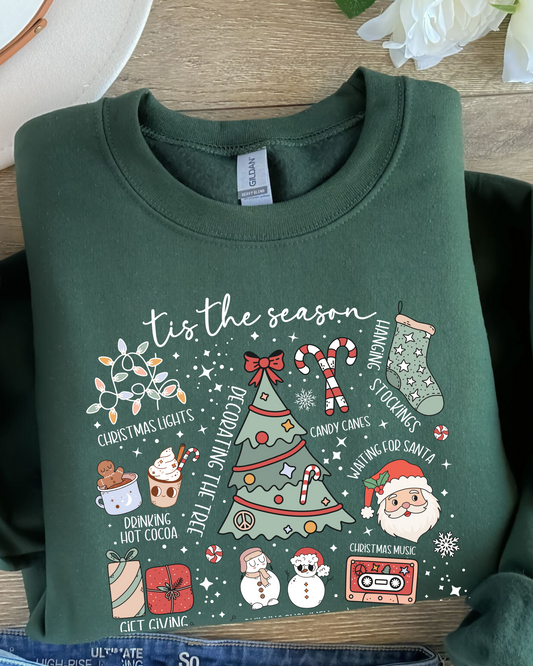 Favorite Christmas Things Doodle Sweatshirt – Forest Green | Christmas in July Crewneck | Holiday Cozy Sweatshirt