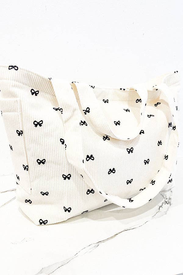 Brittany Cream Bow Print Tote Bag – Personalized Name Option