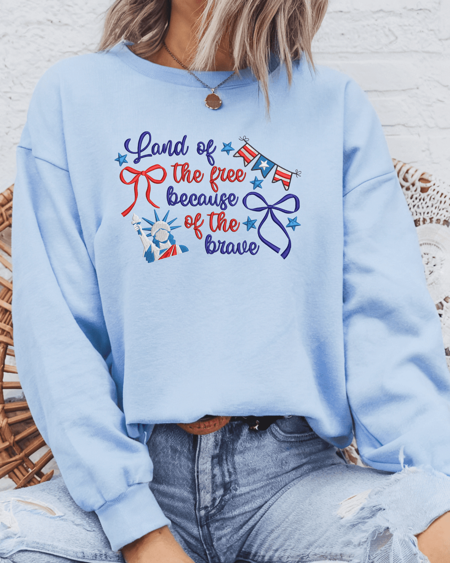 Land of the Free because of the Brave Embroidered T-Shirt or Crewneck Sweatshirt