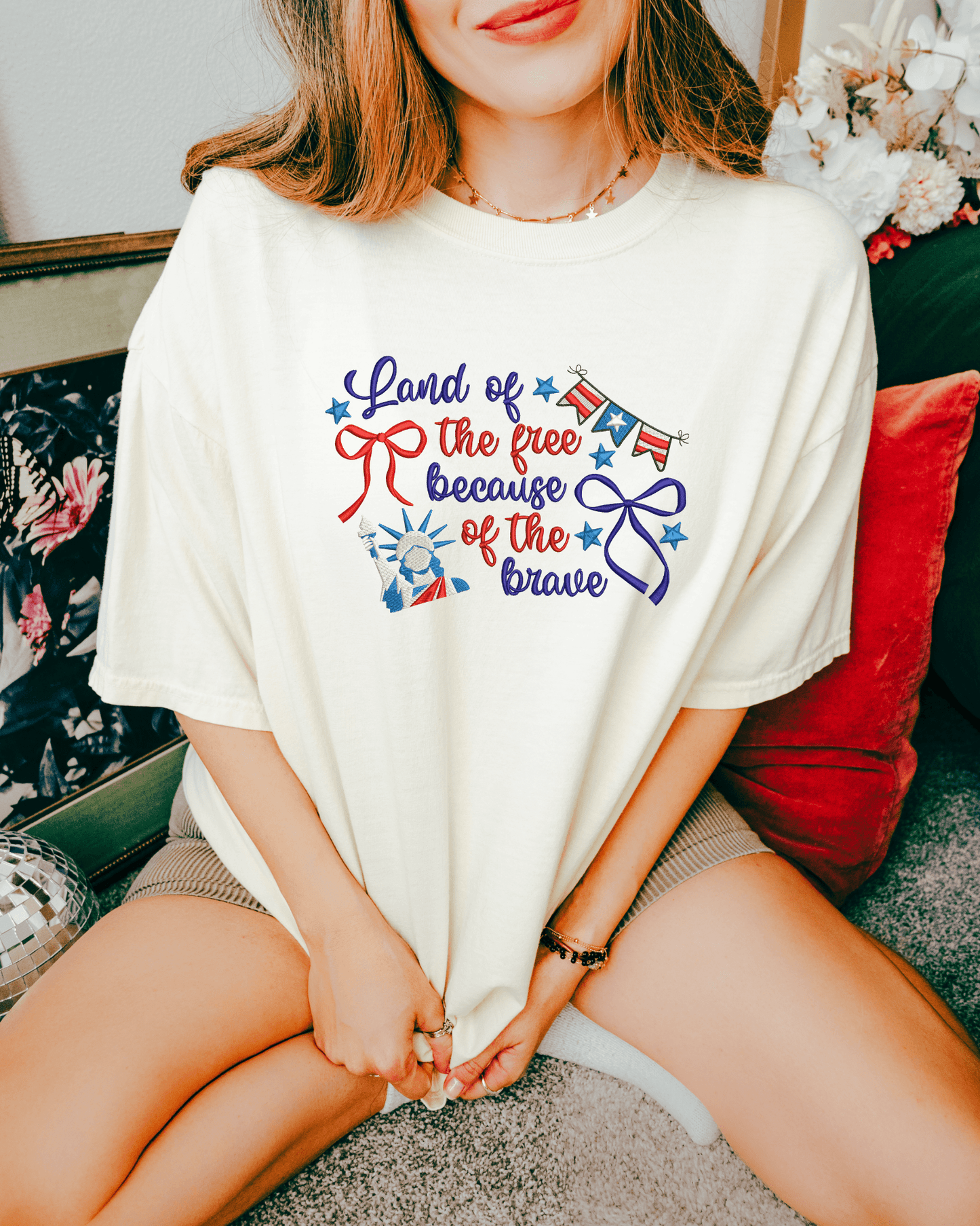 Land of the Free because of the Brave Embroidered T-Shirt or Crewneck Sweatshirt