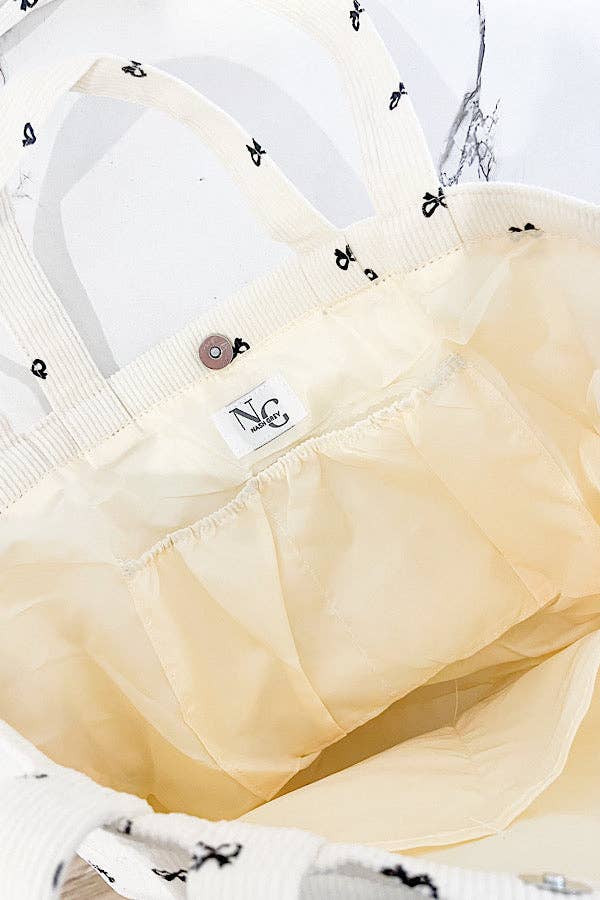 Brittany Cream Bow Print Tote Bag – Personalized Name Option