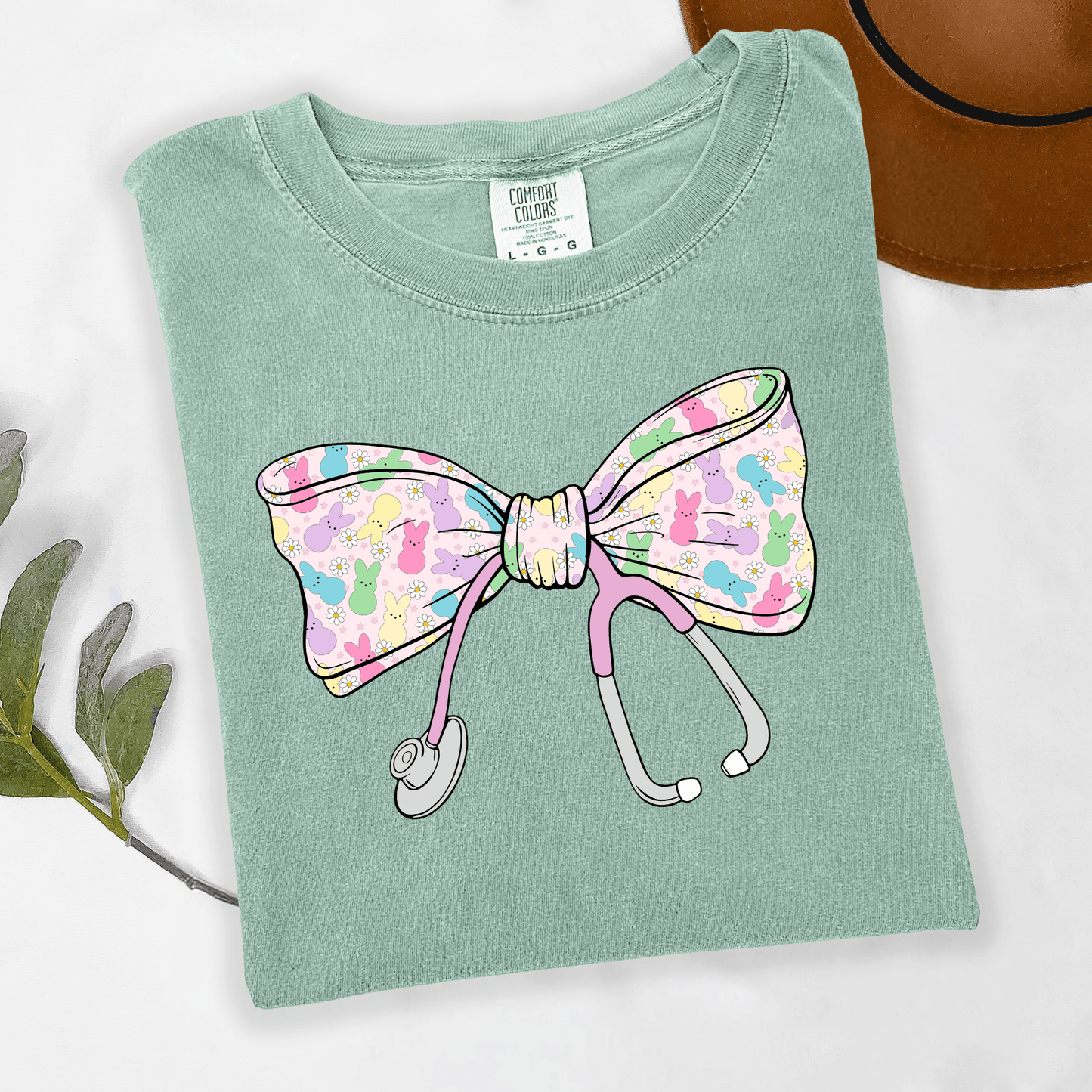 Peeps Bunny Easter Stethoscope Bow Graphic T-Shirt or Crewneck Sweatshirt