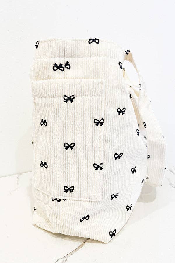 Brittany Cream Bow Print Tote Bag – Personalized Name Option