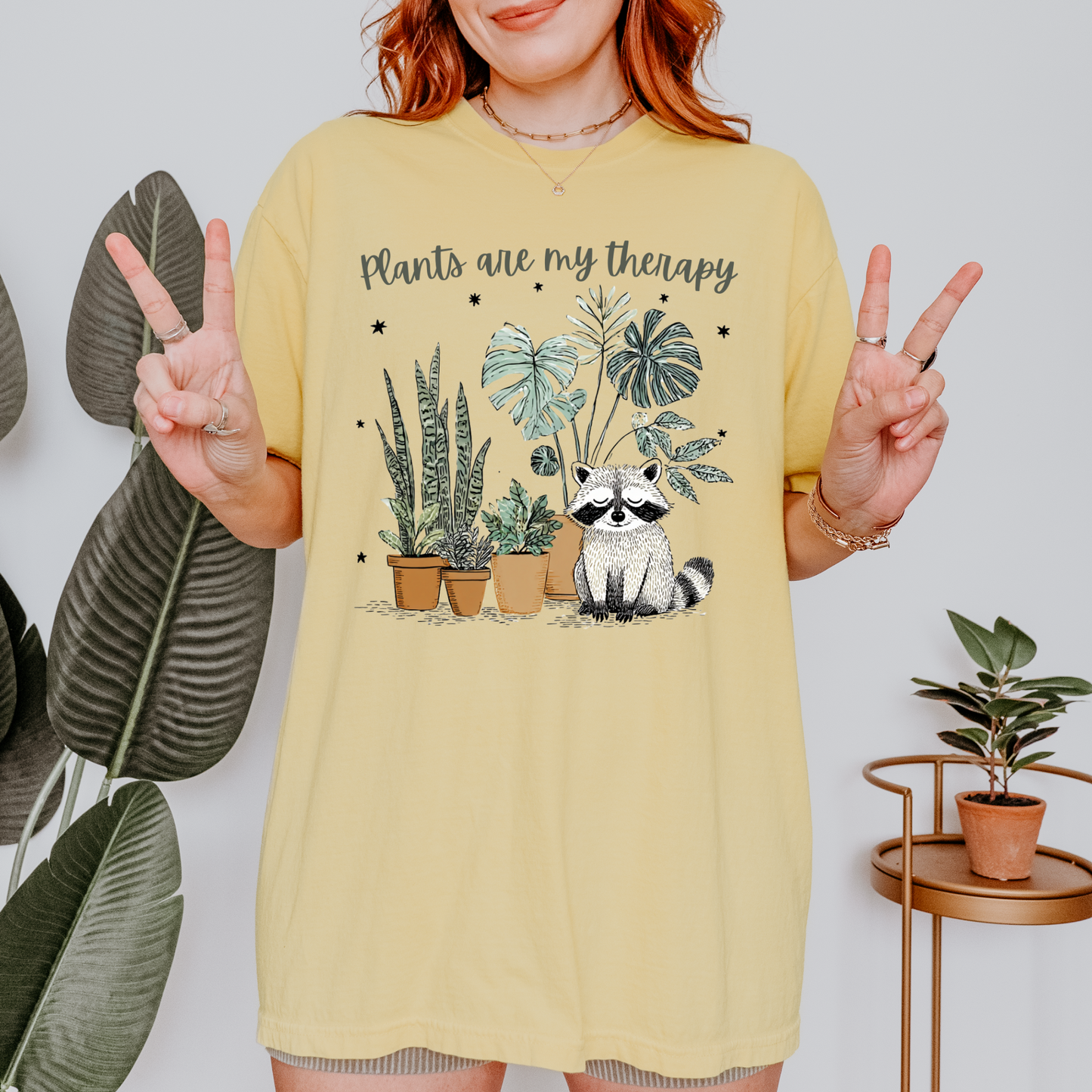 Plants Are My Therapy Raccoon T-Shirt | Funny Mental Health Tee | Plant Lover Gift | Cute Forest Animal Shirt | Gardening Therapy Shirt