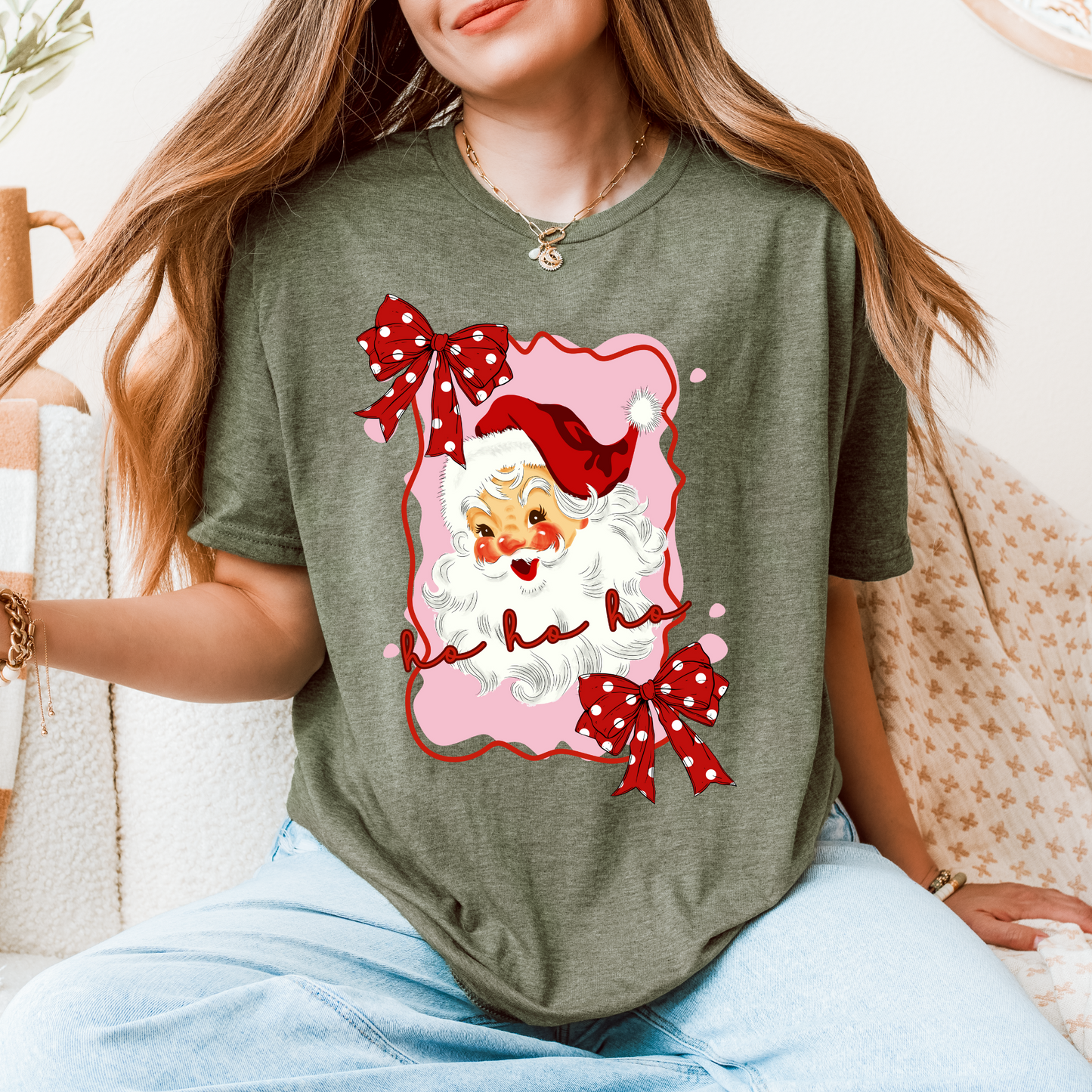 Retro Santa T-Shirt | Pink & Red Girlie Christmas Tee with Cute Santa & Bows | Ho Ho Ho Holiday Shirt