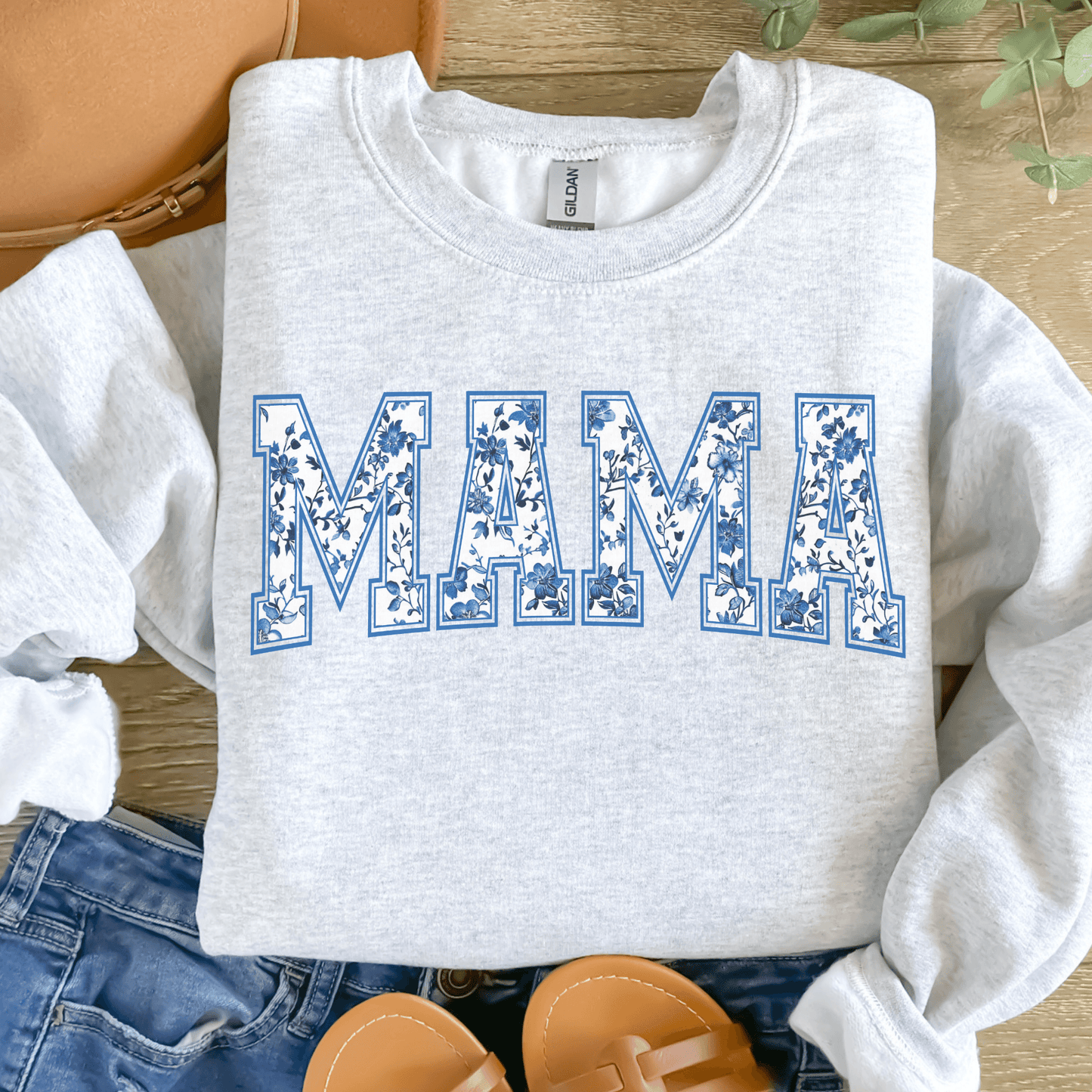 Mama Blue Floral Tee or Crewneck Sweatshirt