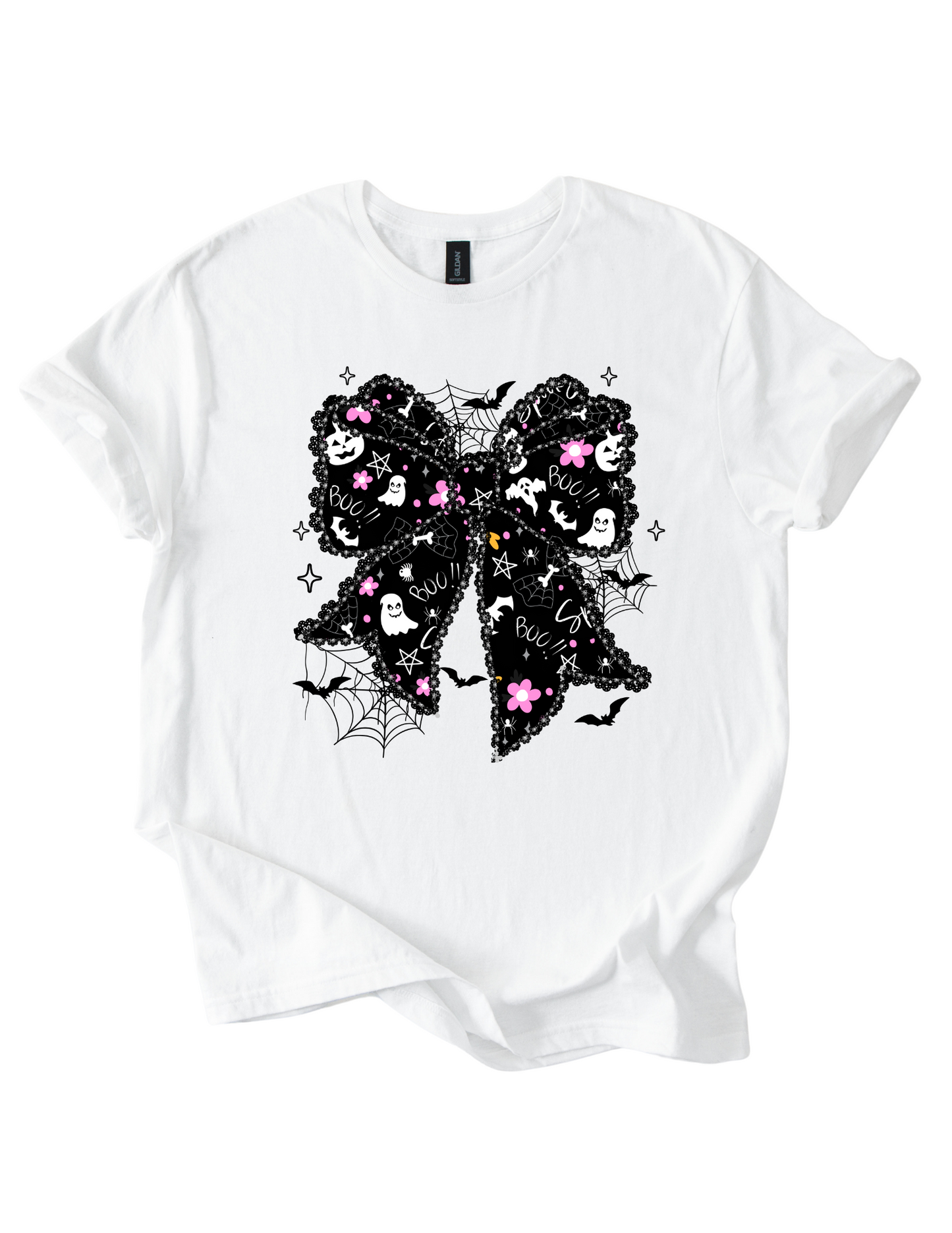 Halloween Bow T-Shirt | Lacey Black Bow Graphic Tee | Preppy Girly Halloween Shirt | Cute Ghost Bow Aesthetic | Fall Graphic Tee
