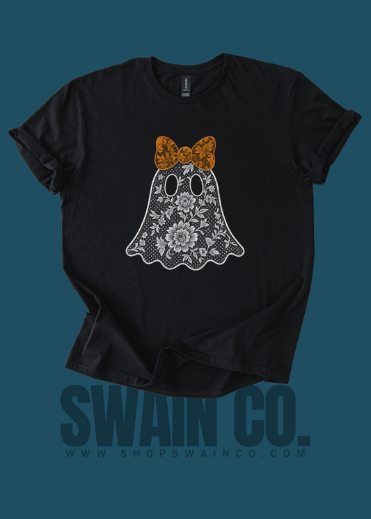 Lace Ghost with Bow Halloween Shirt | Cute Spooky Season Tee | Girly Halloween Graphic T-Shirt