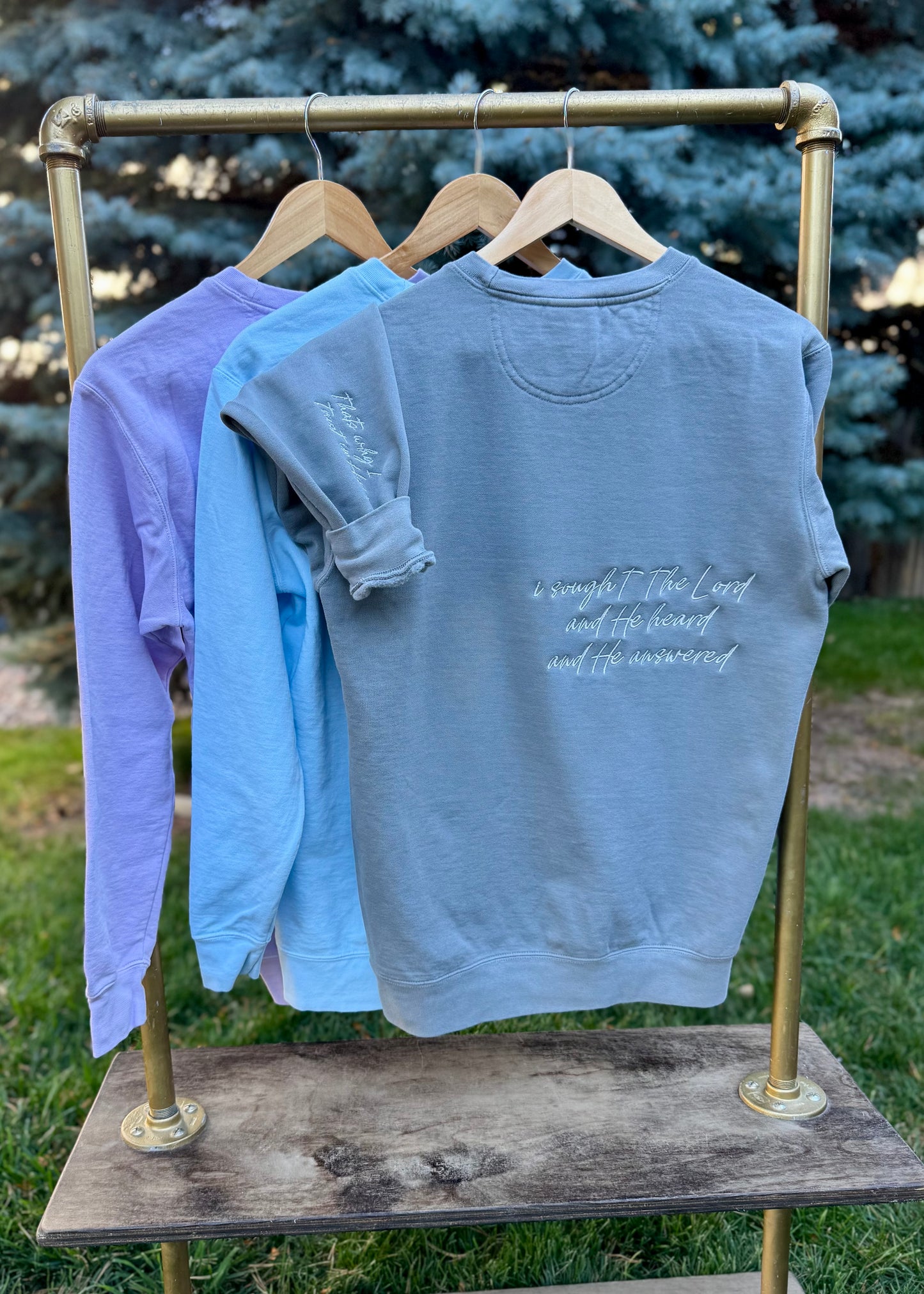 I Sought The Lord And He Heard And He Answered monochromatic embroidered Comfort Colors crewneck sweatshirt — Christian faith-based design with Bible verse embroidery, minimal and cozy religious gift for her.