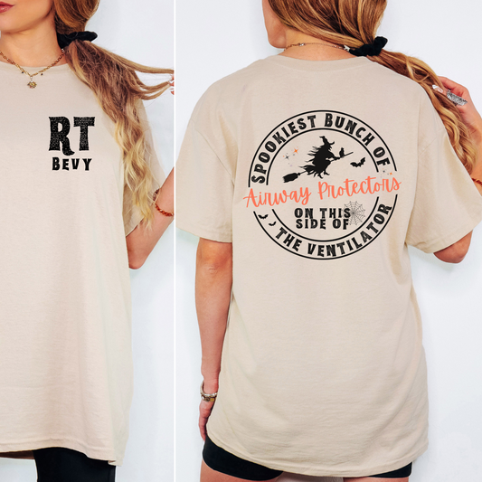 Personalized Spookiest Bunch of Airway Protectors Halloween RT Shirt – Funny Respiratory Therapist Tee