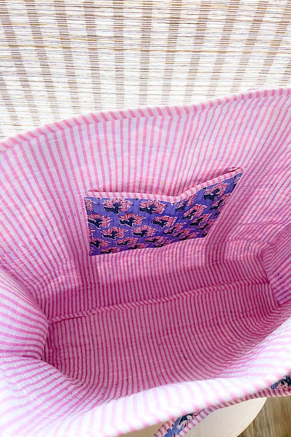 Sybil Blue & Pink Floral Tote Bag – Personalized Cotton Tote, Custom Embroidered Name, Limited Edition Bag