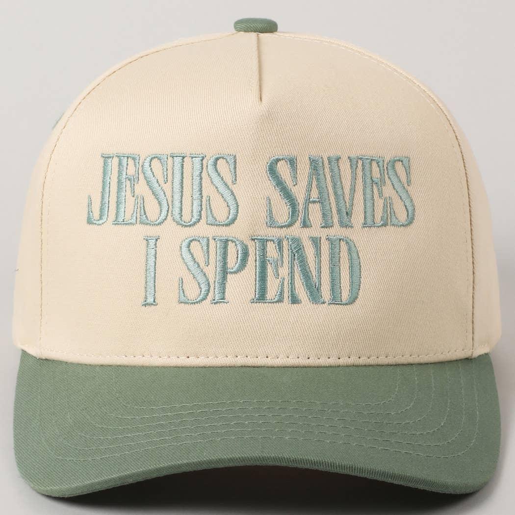 JESUS SAVES I SPEND Trucker Hat | Funny Christian Embroidered Hat | Two Tone Aesthetic Cap | Adjustable Snapback | Faith Statement Hat