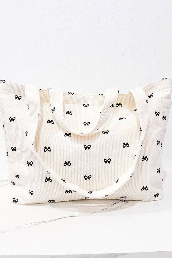 Brittany Cream Bow Print Tote Bag – Personalized Name Option