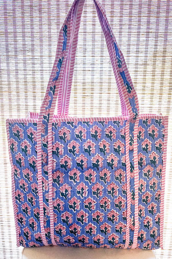 Sybil Blue & Pink Floral Tote Bag – Personalized Cotton Tote, Custom Embroidered Name, Limited Edition Bag