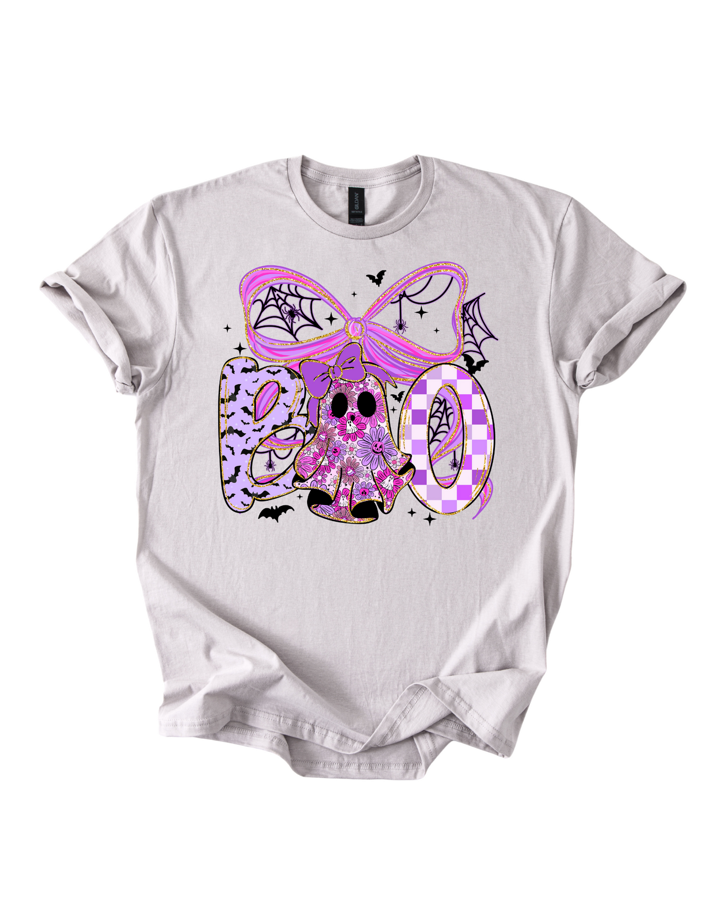 Preppy Halloween Boo Bow T-Shirt | Neon Purple and Black Ghost Shirt | Coquette Bow Halloween Tee | Spooky Cute Fall Outfit | Preppy Halloween Shirt