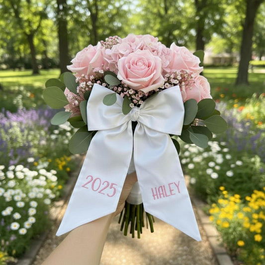 Prom Bouquet Embroidered Sash | Personalized Prom Flowers Ribbon | Custom Name & Date Bouquet Wrap | Senior Night Graduation Bouquet Sash Keepsake