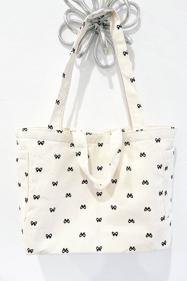 Brittany Cream Bow Print Tote Bag – Personalized Name Option