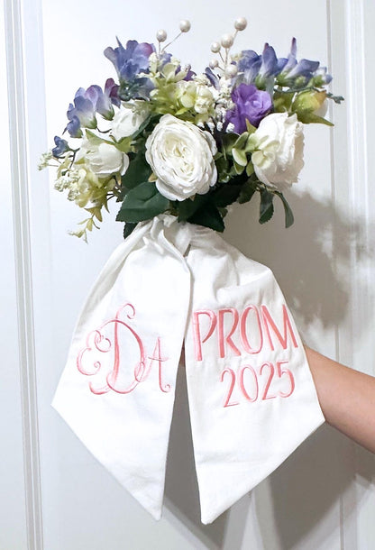 Prom Bouquet Embroidered Sash | Personalized Prom Flowers Ribbon | Custom Name & Date Bouquet Wrap | Senior Night Graduation Bouquet Sash Keepsake