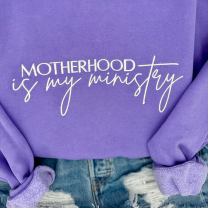 Motherhood Is My Ministry Embroidered Sweatshirt | Christian Mom Crewneck | Comfort Colors Pullover | Faith Based Mama Gift | Religious Mother’s Day Shirt