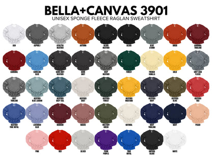 Collection of Bella+Canvas 3901 sweatshirts in various colors on a white background