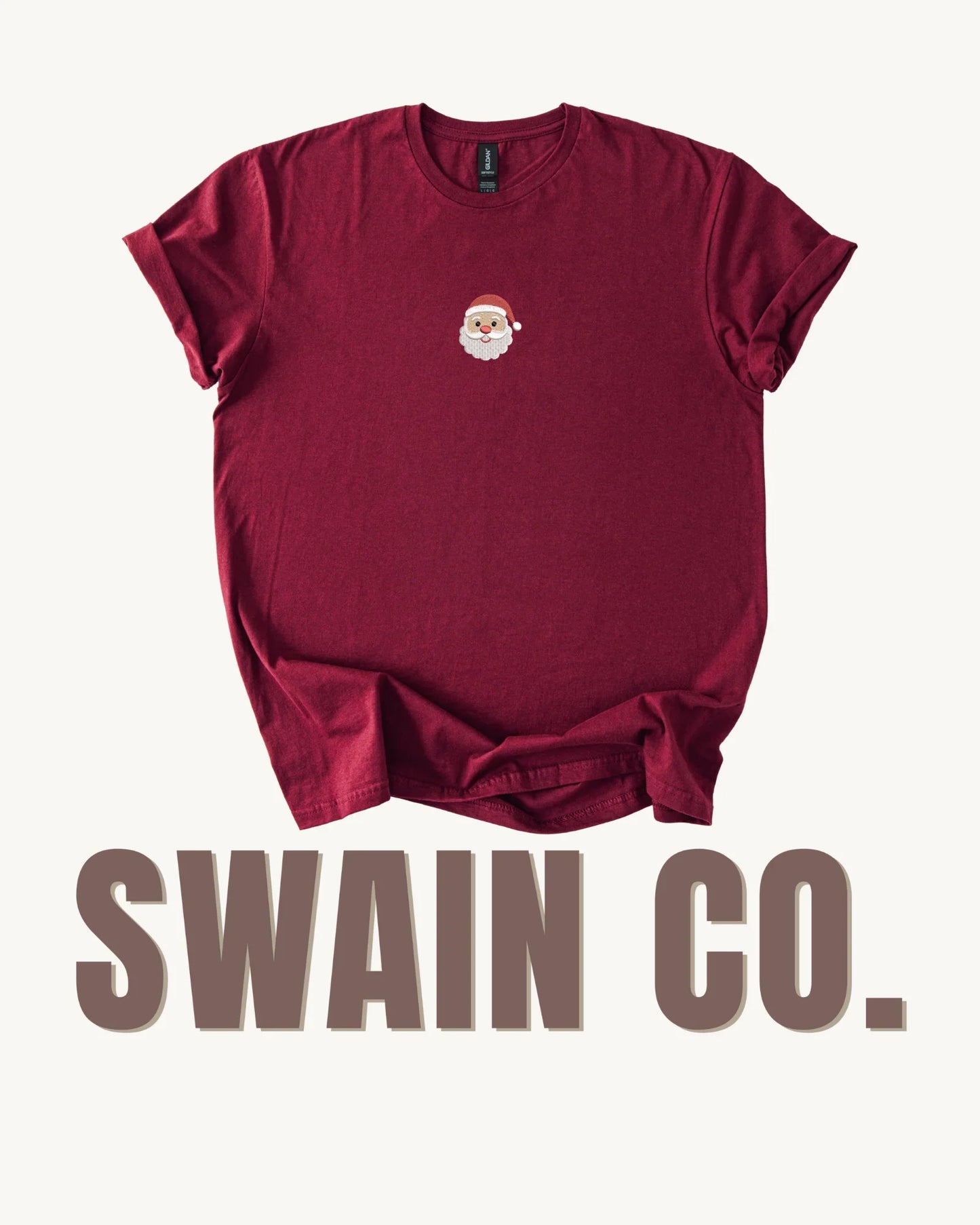 Mini Santa Embroidered Tee – Classic Embroidered Santa Shirt | Holiday Embroidery Tee for Kids, Teens & Adults | Perfect Match to Classic Santa Pajama Pants