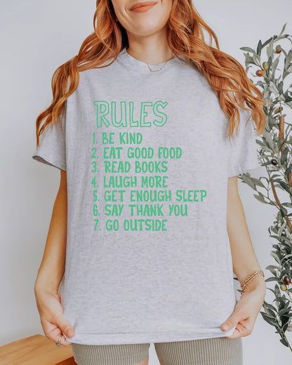 Rules T-Shirt for Women, Inspirational Quote Tee, Positive Vibes Graphic Tee, Be Kind Eat Good Food Read Books Shirt, Self Care Gift, Cozy Daily Reminder Tee