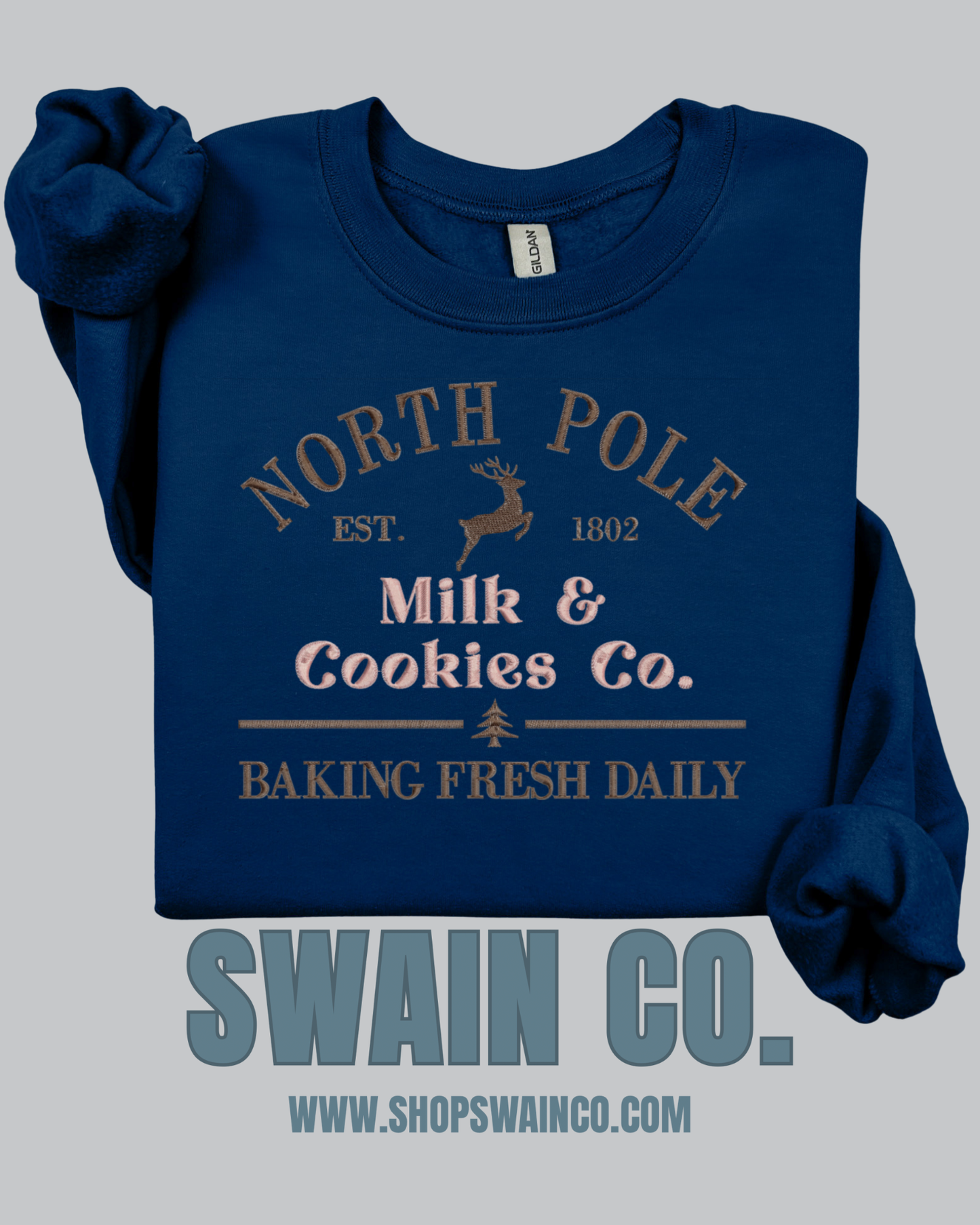 North Pole Milk & Cookies Embroidered Christmas Sweatshirt | Holiday Baking Crewneck | Fresh Baked Daily Embroidery | Cozy Christmas Gift for Her