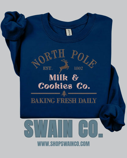 North Pole Milk & Cookies Embroidered Christmas Sweatshirt | Holiday Baking Crewneck | Fresh Baked Daily Embroidery | Cozy Christmas Gift for Her