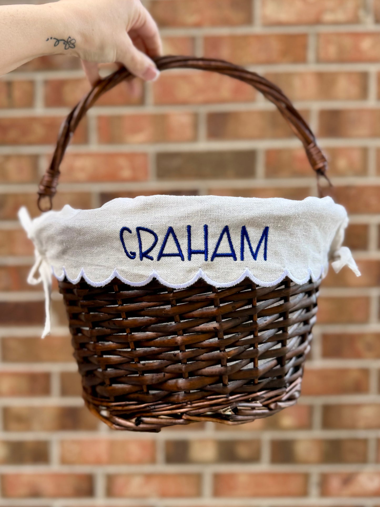 Personalized Easter Basket with Embroidered Scalloped Liner | Wicker Easter Basket | Custom Name Easter Bucket | Keepsake Easter Decor | Kids Easter Gift