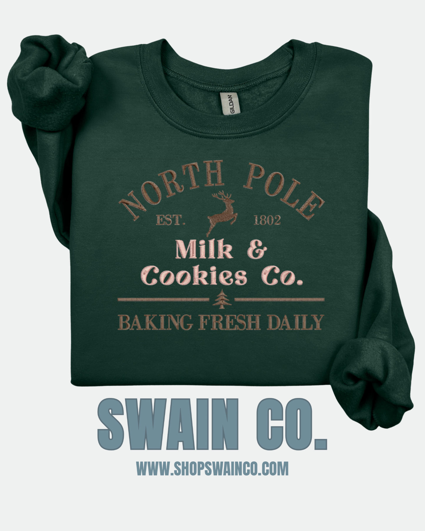 North Pole Milk & Cookies Embroidered Christmas Sweatshirt | Holiday Baking Crewneck | Fresh Baked Daily Embroidery | Cozy Christmas Gift for Her