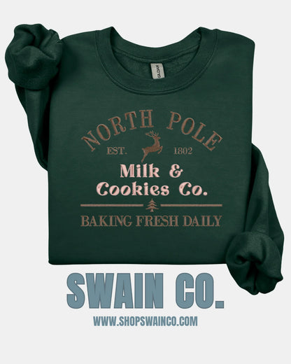 North Pole Milk & Cookies Embroidered Christmas Sweatshirt | Holiday Baking Crewneck | Fresh Baked Daily Embroidery | Cozy Christmas Gift for Her