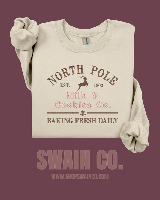 North Pole Milk & Cookies Embroidered Christmas Sweatshirt | Holiday Baking Crewneck | Fresh Baked Daily Embroidery | Cozy Christmas Gift for Her