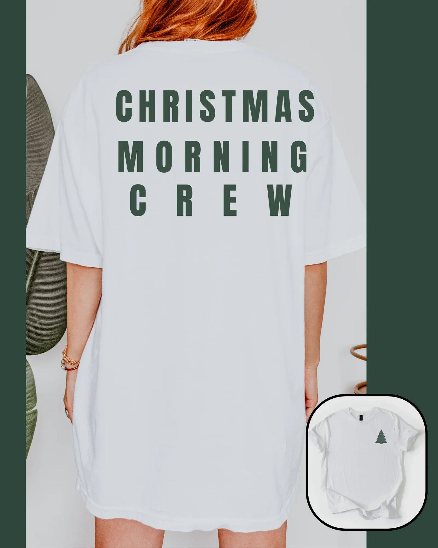 Person wearing a white t-shirt with 'Christmas Morning Crew' text, with a close-up of a baby onesie below.