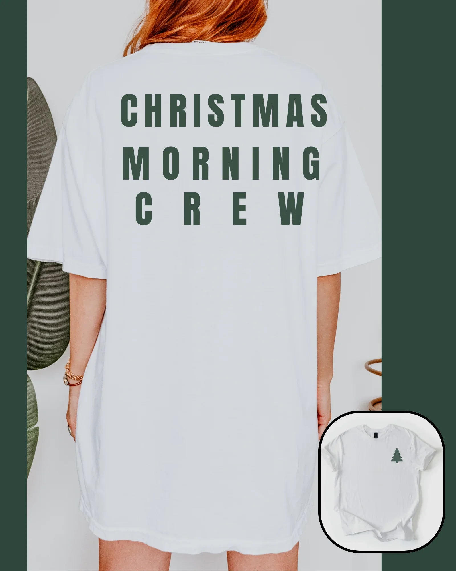 Person wearing a white t-shirt with 'Christmas Morning Crew' text, with a close-up of a baby onesie below.