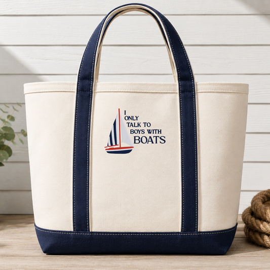 I Only Talk to Boys with Boats Canvas Embroidered Tote Bag | Funny Lake Tote | Coastal Beach Bag | Boat Girl Gift | Embroidered Canvas Tote