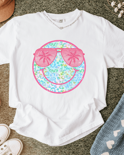 Sunglasses Summer Cheetah Smile Cartoon Face T-Shirt