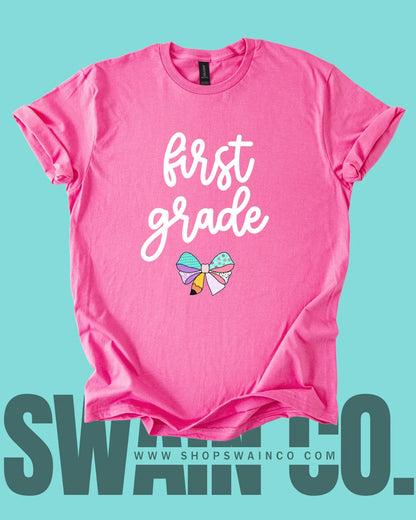 Personalized Pencil Bow T-Shirt – Custom Teacher or Grade Name Tee – Back to School Shirt – Teacher Gift – Student Shirt – Classroom Style