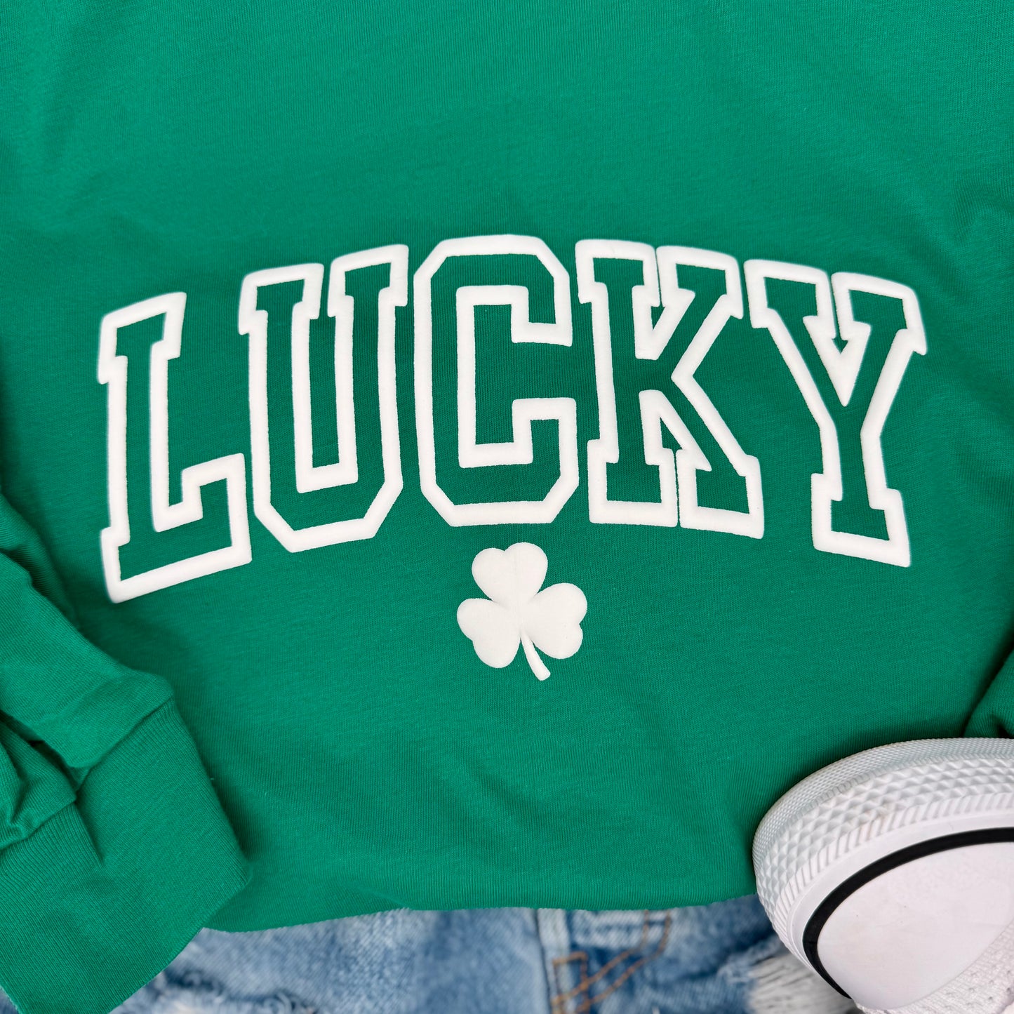 LUCKY Puff Print Long Sleeve T-Shirt | Trendy St. Patrick’s Day Shirt | Minimal Shamrock Vibes | Unisex Lucky Tee