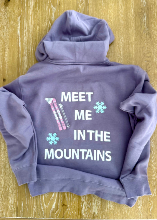 Meet Me In The Mountains Embroidered Hoodie, Skiing Hoodie, Snowboarding Sweatshirt, Mountain Winter Hoodie, Ski Trip Hoodie, Après Ski Sweater, Outdoor Adventure Hoodie, Full Back Graphic Hoodie
