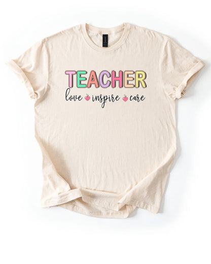 Love Inspire Care Teacher T-Shirt | Back to School Teacher Shirt | Teacher Appreciation Gift | Gildan Softstyle Unisex Tee