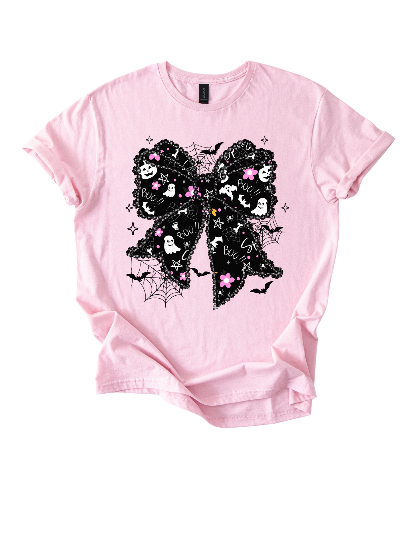 Halloween Bow T-Shirt | Lacey Black Bow Graphic Tee | Preppy Girly Halloween Shirt | Cute Ghost Bow Aesthetic | Fall Graphic Tee