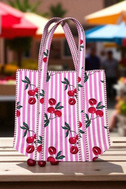 Sweet Pick Pink Cherry Stripe Tote Bag – Personalized Cotton Tote, Summer Market Bag, Custom Name Gift