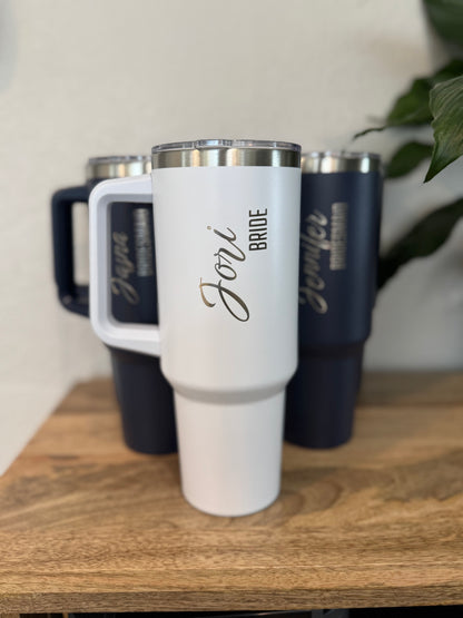 Personalized 40oz Tumbler with Handle, Custom Name Engraved Cup, Bride Bridesmaid Gift, Wedding Party Tumbler, Insulated Travel Mug