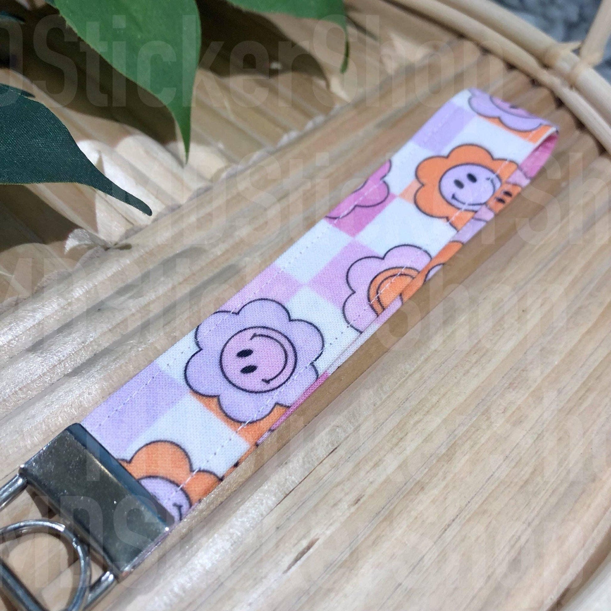 Happy Flowers on Checkered Print Fabric Wristlet Keychain - Swain Co. Designs & Apparel