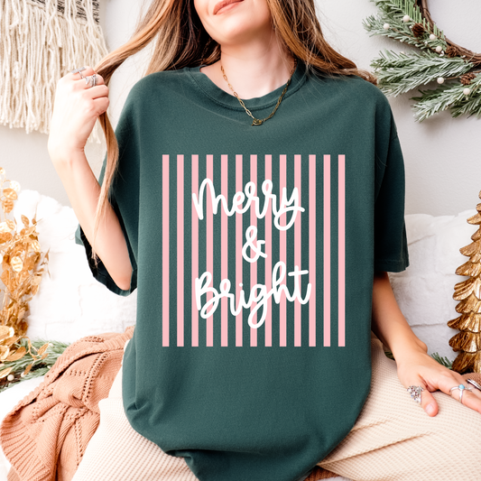 Comfort Colors Merry & Bright Striped T-Shirt | Cute Modern Christmas Tee | Colorful Holiday Graphic Shirt