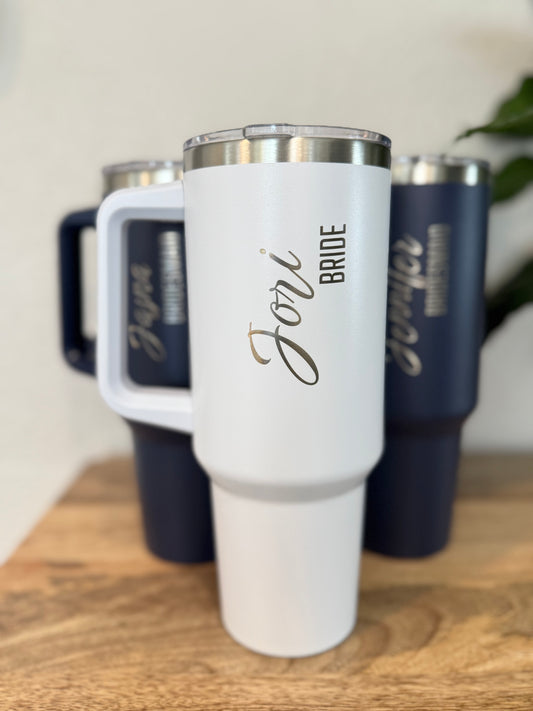 Personalized 40oz Tumbler with Handle, Custom Name Engraved Cup, Bride Bridesmaid Gift, Wedding Party Tumbler, Insulated Travel Mug