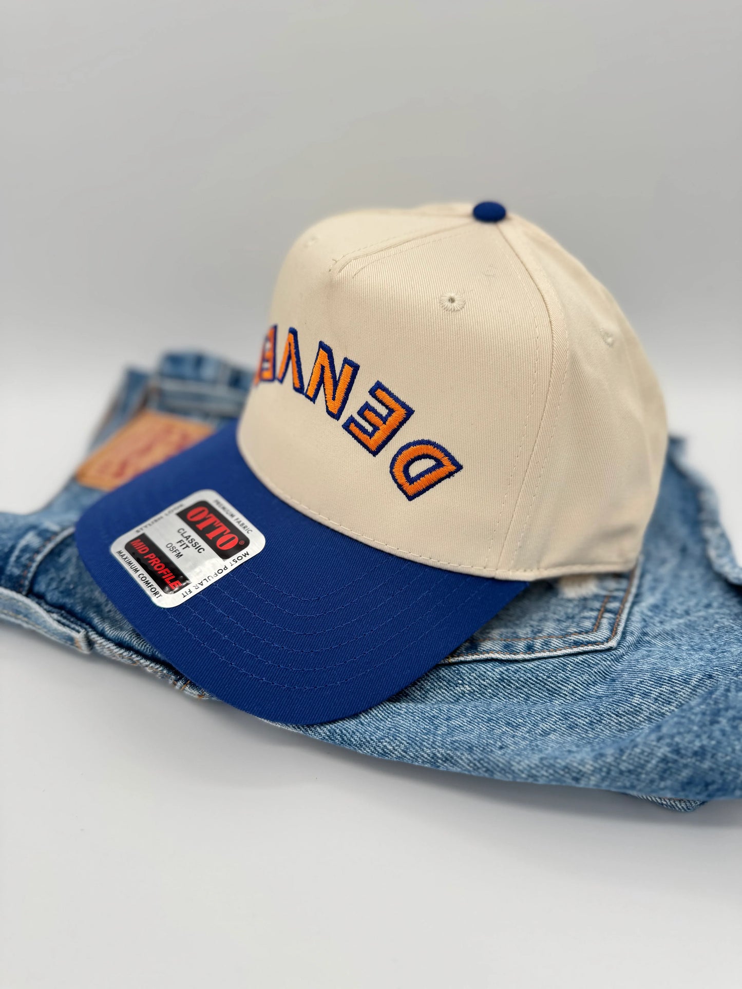 Upside Down “DENVER” Embroidered Trucker Hat – Blue & Orange | Colorado Gift | Game Day Hat | Retro Sports Cap